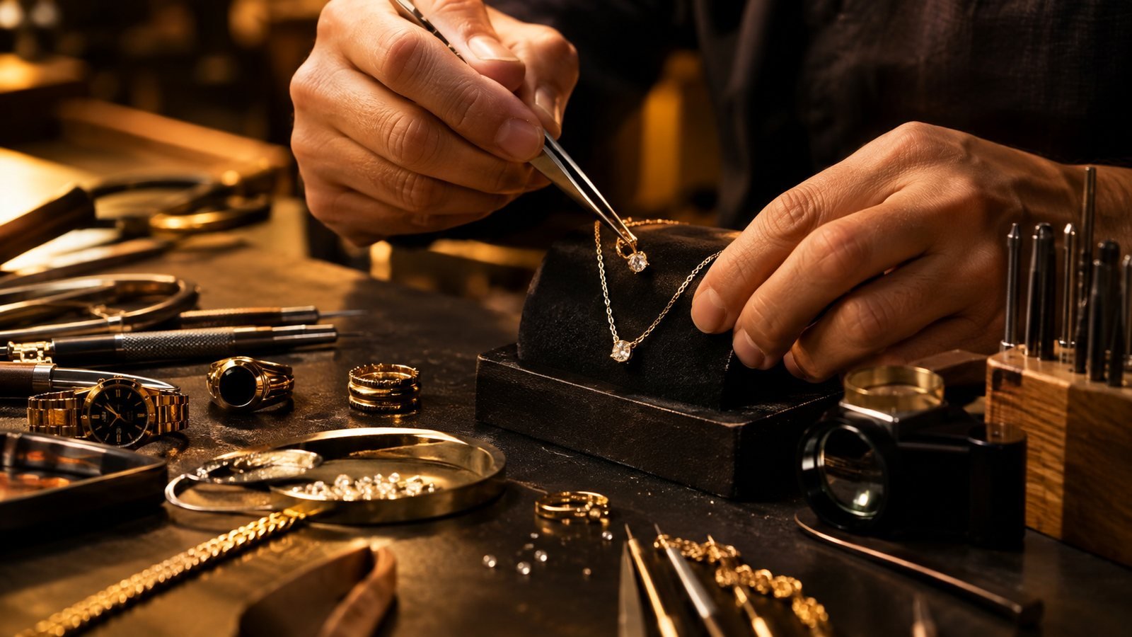 Joalheiro ajustando um colar de ouro na bancada